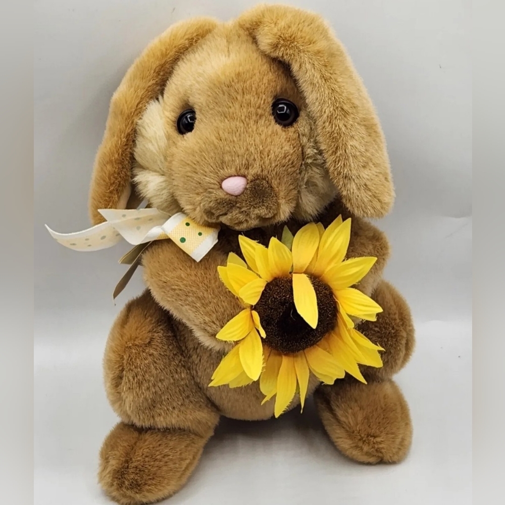 Vintage Bunny Rabbit Holding Yellow Sunflower Plush Stuffed Animal Spring 13"